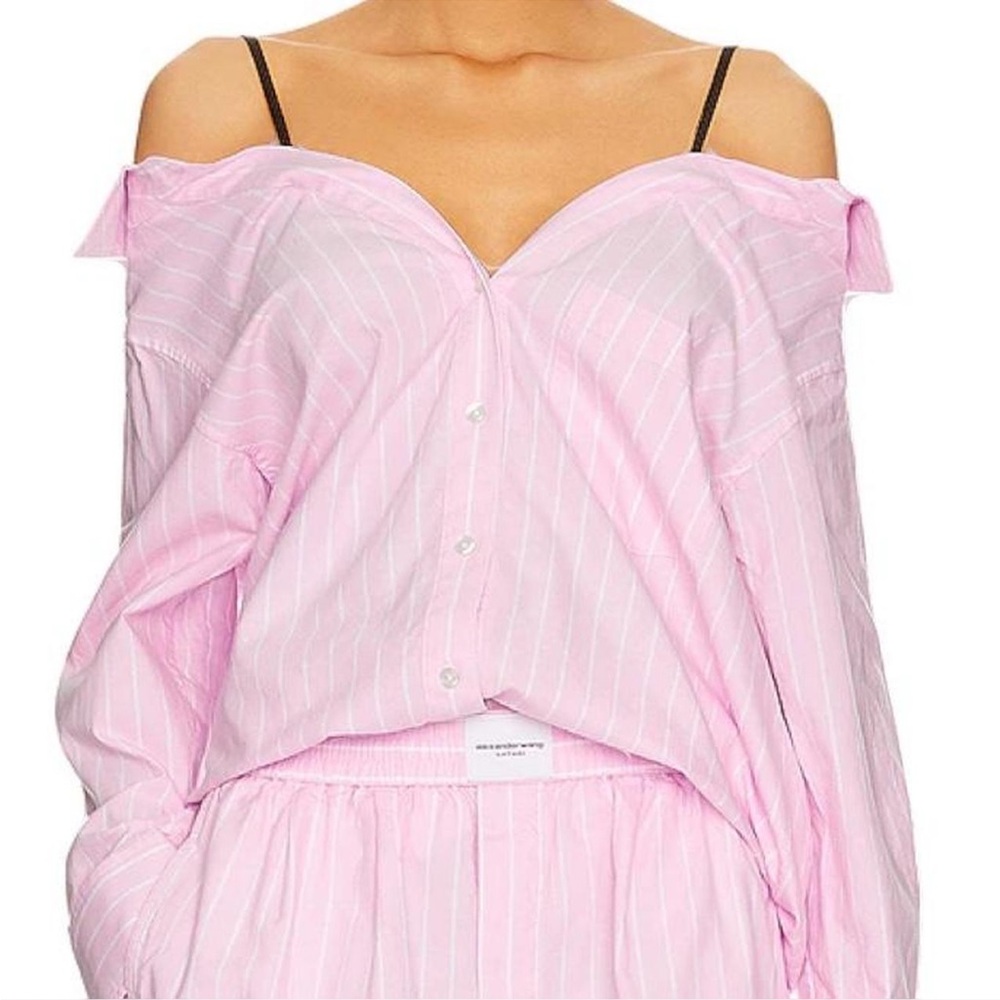 Alexander wang boyfriend off shoulder crystal button up in pink